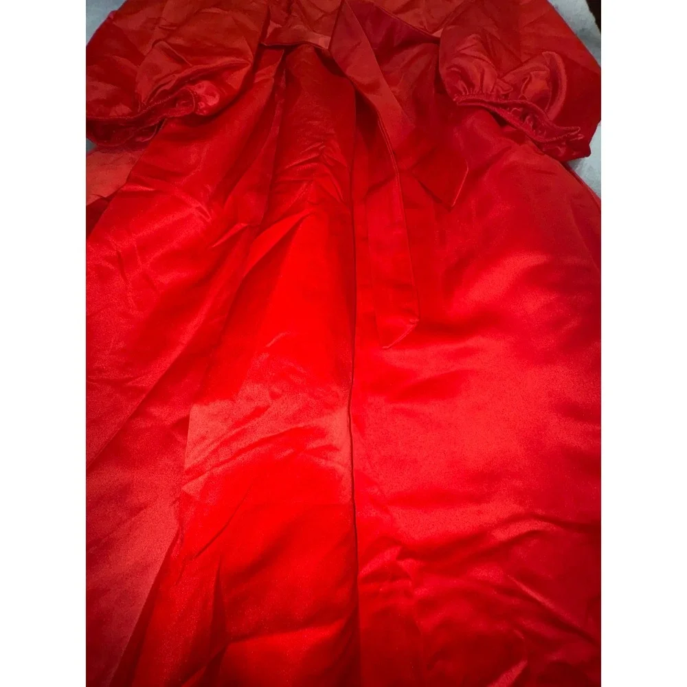 Red Satin Lantern Sleeve Midi Dress‎ XL Button Front Belted A-Line Formal Party